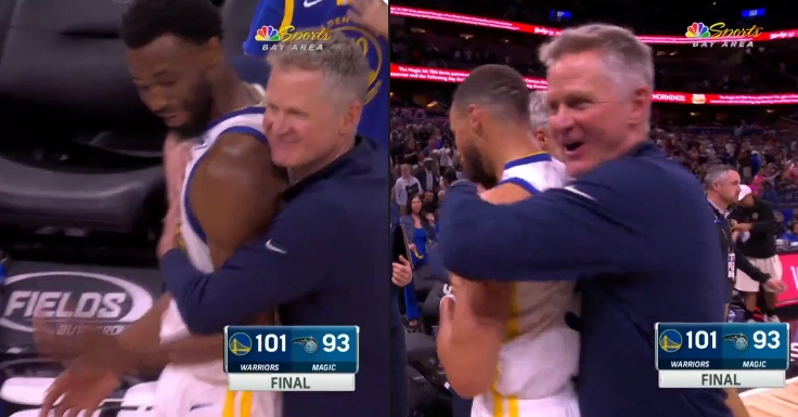 两条大腿啊！科尔赢球后紧紧拥抱库里和维金斯